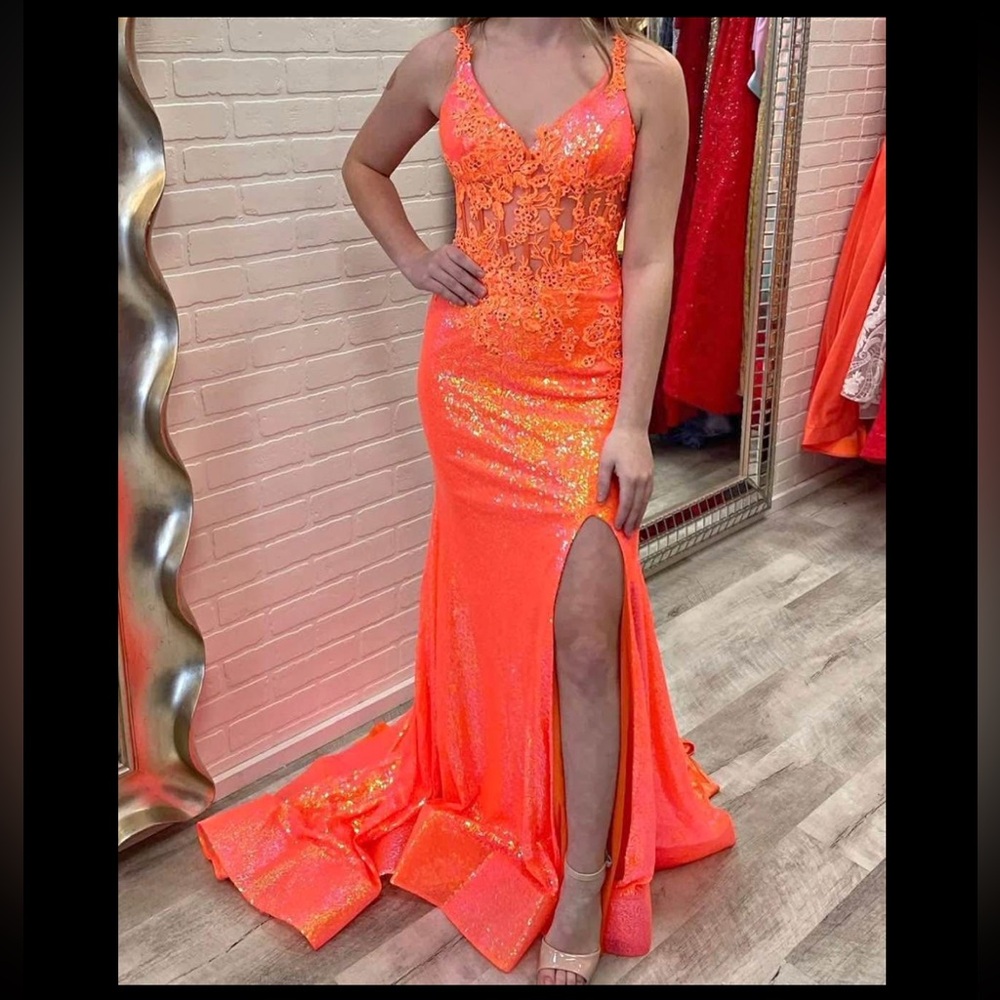 Orange Embellished Slit Prom Gown